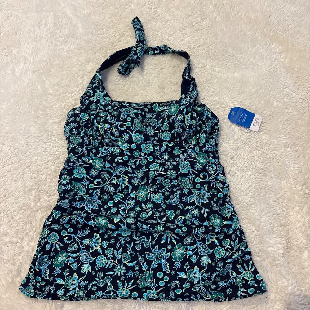 NWT Lands End Women Blue Floral Tankini Top Halter 4 Resort Summer Beach Outdoor